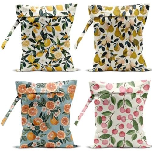 4 Pack Cute Fruit Wet Bag Waterproof Washable Reusable Wet Dry Bag for Swimsuit Dirty Clothes Cloth Diaper Travel Beach Pool Yoga Gym Toiletries Travel Beach Essentials Lemon Orange Peach Pear