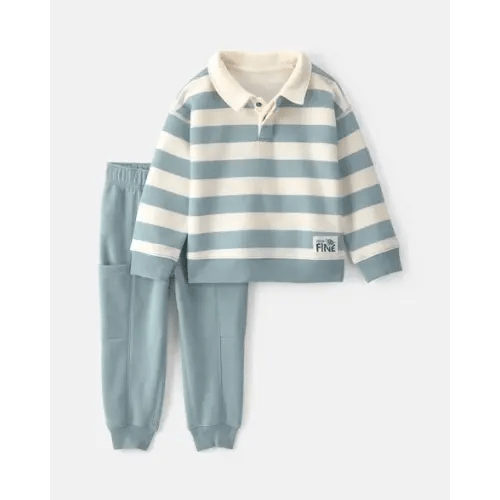 Toddler Boy 2-Piece Striped Fleece Henley Top & Pant Set - Blue/Cream | Carter's