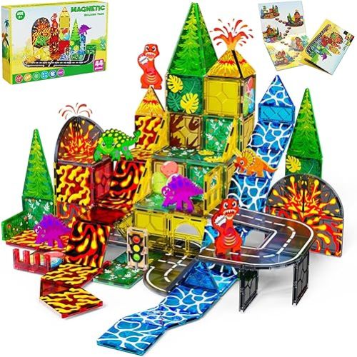 Dinosaur Toys Magnetic Tiles for Kids 3-5, Lava Dinosaur World Set Magnatiles for Kids Ages 4-8 5-7, Toddler Magnet Building Blocks STEM Learning Sensory Birthday Gifts for 3＋ Years Old Boys Girls