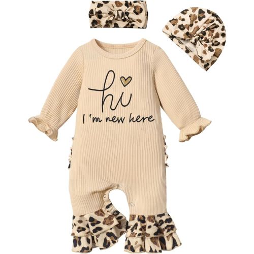 Newborn Girl Clothes Onesie for Baby Girl Ruffle Romper Boho Infant Bell Bottom Jumpsuit with Headband Hat