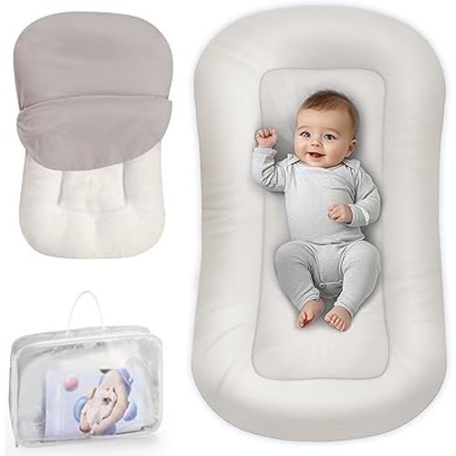 Baby Lounger - Baby Lounger Pillow for Newborn, 0-24 Months, Infant Lounger for Home and Travel, Soft Cotton, Co Sleeping Baby Nest, Newborn Babies Essentials Gifts, White (Lounger Cover Included)