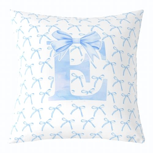 Cartoon Bowknot Kids Throw Pillow Cover,Blue Bow Tie Letter E Knot Princess Double Sides Pillow Case Girls Women,Watercolor Bow Patchwork Blue White Bed Couch Sofa Cushion Cover,Single Pack 16"x16"