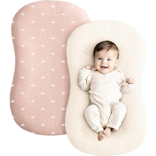 Konssy Muslin Baby Lounger Cover 2 Pack, 100% Cotton Newborn Lounger Cover, Soft and Breathable Lounger Slipcover for Boys Girls, Covers Only (Oat,Pink Sun)