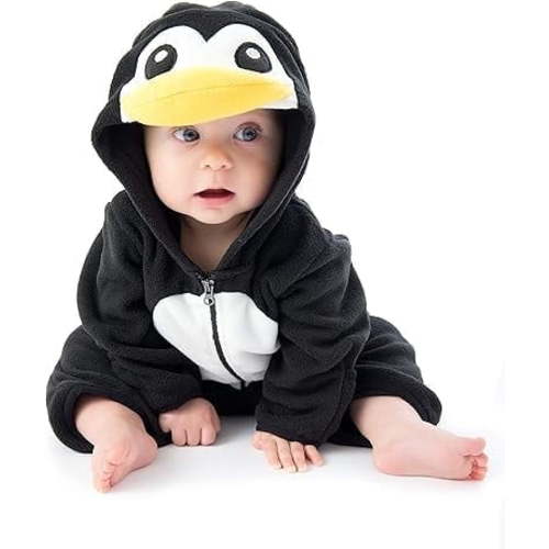 Cuddle Club One Piece Romper Hooded Fleece Onesie Jumper for Baby, Penguin 0-3 Mos