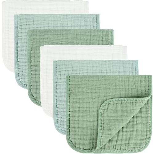 MIGIOL Baby Burp Cloths 100% Cotton Newborn Muslin Burp Cloths 10x20 inches Baby Essentials White & Green 6-Pack