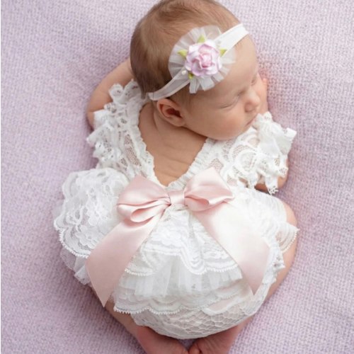 Newborn Lace Photo Romper Outfits For Girls with Bow Headband Set – ForBaysyAngel