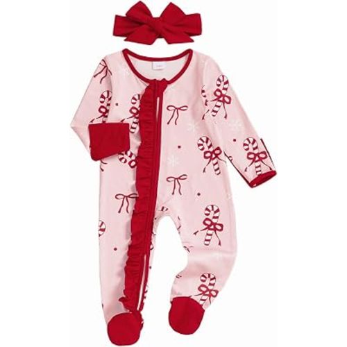 Amazon.com: mlpeerw My First Christmas Baby Girl Outfit Newborn Bow Footie Jumpsuit Ruffle Zipper Romper Infant Coming Home Xmas Clothes (Candy Cane Pink, 0-3 Months): Clothing, Shoes & Jewelry