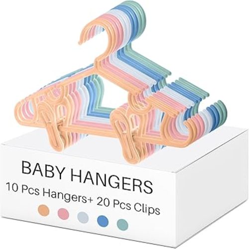 Hsei Nursery Hangers with Clips for Kids Baby Pants Hangers 10/20/40 Newborn Plastic Hanger with 20/40/80 Clip for Closet Toddler Clothes Coat Skirts Socks(Morandi Color,30 Packs)