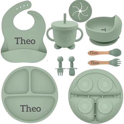 Personalized Silicone Baby Feeding Set with Engraved Name - Custom Baby Bib, Suction Plate, Bowl and Spoon - Silicone Weaning Set - Ideal First Birthday