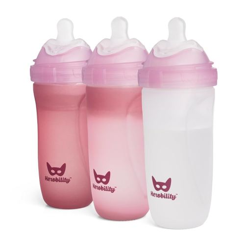 Herobility Glass Baby Bottle - 11 fl oz/320 ml - 3 Pack | Heat Sensing Color-Changing Bottle with Double Anti-Colic Nipple - Silicone Coating - Breastlike Nipples for Newborn Babies - Rose Color