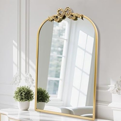 Vintage Arched Gold Mirror 36"x24" Antique Bathroom Vanity Wall Mirrors with Metal Frame, Baroque Ornate Bow Decor for Living Room, Fireplace, Entryway, Hallway