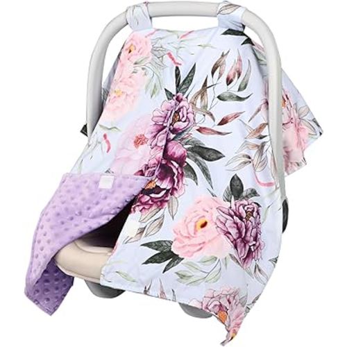 Baby Car Seat Cover, Peekaboo Opening Car Seat Canopy for Baby Girls Boys, Mom Nursing Breastfeeding Covers, Blanket for Infant, Pink Purple