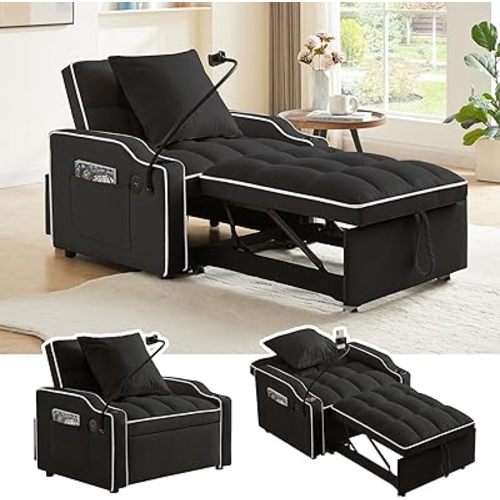 3 in 1 Convertible Sleeper Chair w/ Adjustable Back, Modern Velvet Pull Out Couch Bed w/ USB Ports & Phone Holder, Cup Holders & Side Pockets, Recliner Sofa Chairs for Living Room Bedroom (Black1)