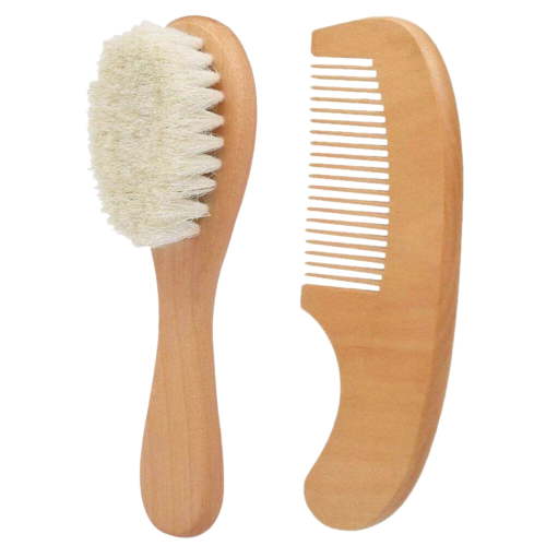 2 Pack Baby Hair Brush and Comb Set for Newborns & Toddlers - Natural Soft Wool Bristles and Wooden Handle, Gently Grooms Baby's Hair