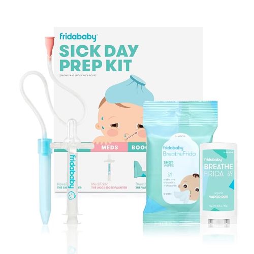 Frida Baby Sick Day Prep Kit, 4pc Set, Essentials Includes NoseFrida Nasal Aspirator, MediFrida Pacifier Medicine Dispenser, Breathefrida Vapor Chest Rub + Snot Wipes, Soothe Stuffy Noses for Babies