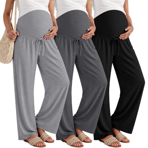 Oakgarden 3 Pack Women's Maternity Pants Over Belly | Pregnancy Wide Leg Sweatpants with Pockets, Pajama Work Office Yoga Home Clothes, Casual Lounge, Prenatal Postpartum Wear