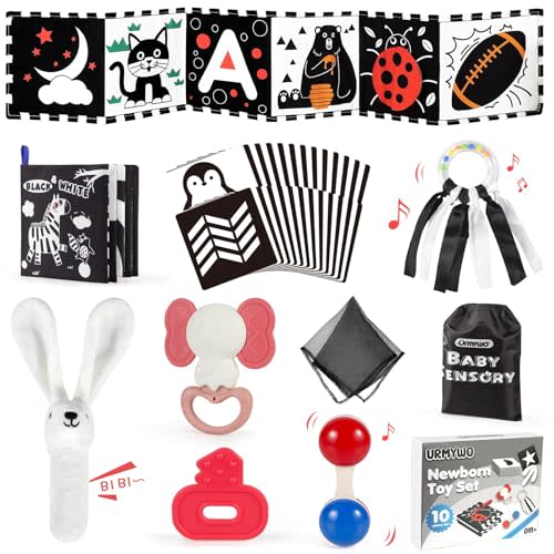 URMYWO 10 Pcs High Contrast Black and White Baby Toys for Newborn, Tummy Time Mirror, Rattle, Teether, Visual Stimulation Learning Cards, Sensory Toys for 0-6 Months, Baby Boy Girl Gift Easter Stuffer