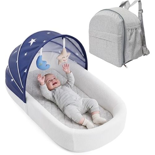 Portable Newborn Nest Lounger with Canopy & Mosquito Net-Lightweight Foldable Newborn Play Support & pad and Washable Cover, Indoor-Outdoor Use(Blue)