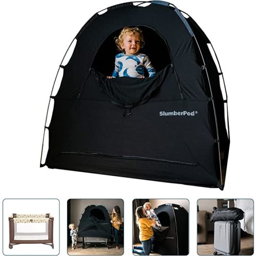 SlumberPod Portable Privacy Pod Blackout Canopy Crib Cover, Sleeping Space for Age 4 Months and Up with Monitor Pouch and Zipper, Blackout Cover, Travel Crib Canopy, Black and Gray