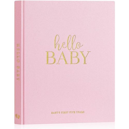 Lanpn Hello Baby First 5 Year Memory Book for Boy Girl - Linen Hardcover Baby Book Keepsake for New Parents - Newborn Baby Journal Scrapbook Photo Album Baby Milestone Book (Pink, 154 Pages)