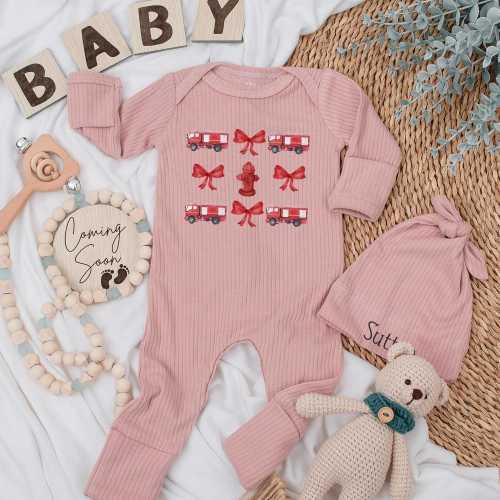 Personalized Firetruck Baby Bodysuit, Cute Firefighter Baby Outfit, Newborn Clothes, Baby Shower Gift, Hydrant Bow, Baby Girl Clothes