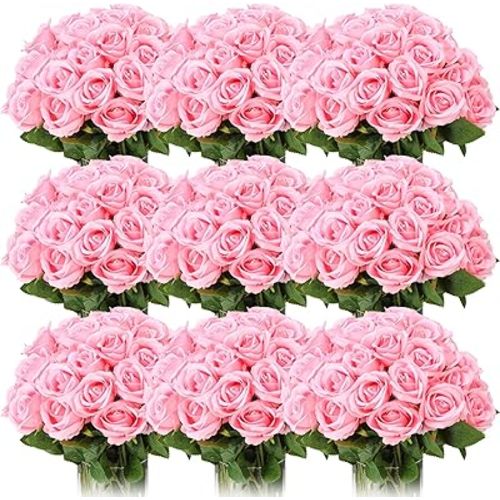Jexine 100 Pieces Artificial Roses Flowers Bulk, Long Stem Realistic Fake Silk Roses Bouquet for Table Centerpiece Vases Wedding Party Kitchen Decor(Pink)