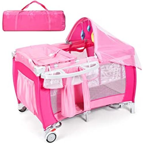 HONEY JOY Pack and Play with Bassinet, 4-in-1 Portable Baby Playard w/Changing Table, Net & Cute Toys, Diaper Storage Bag, Music Box, Wheels with Brake, Foldable Newborn Play Yard w/Carry Bag(Pink)