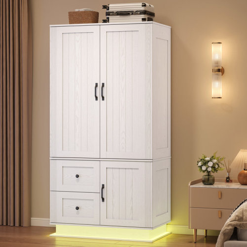 Ebern Designs Farmhouse Wardrobe Closet With Doors, 70" Bedroom Armoires With Led Lights And Hanging Rod, Wooden Large Wardrobe Cabinet With 2 Drawers And 1 Cabinet & Reviews | Wayfair