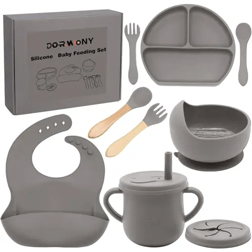 100% Silicone baby feeding set,BPA free Baby dishes set with Suction Bowl Divided Plate,Toddler Self Feeding Dish Set with Spoons Forks Sippy Cup And Bib, Baby Eating Utensils (Light Brown)