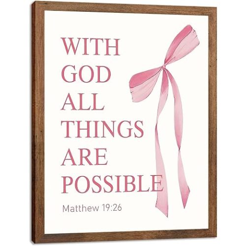 SEHSUVC Pink Bows Bible Verse Christian Canvas Wall Art, Wood Framed Trendy Religious Wall Decor, Cute Coquette Preppy Girls Aesthetic Room Decor Gifts for Bedroom Living Room Home Decor 8x10inch