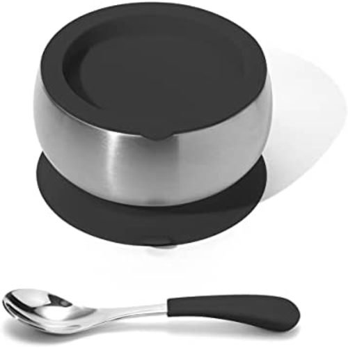 Avanchy Stainless Steel Baby Bowls and Spoon Removeable Suction, Storage Lids Set for Babies Kids Toddler First Food Feeding Black Baby Spoon