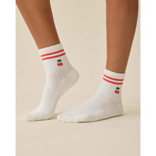 Non-Slip Quarter Crew Socks | White & Red Cherries - Kindred Bravely
