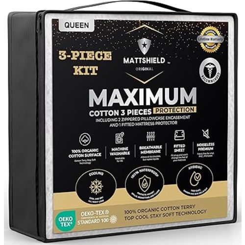 MATTSHIELD Maximum 3-Piece Kit - Waterproof Organic Cotton Terry Mattress Protector Queen + 2 Pillow Protectors - Fitted with Stretchable Pockets - Skin-Friendly, Breathable Mattress Cover