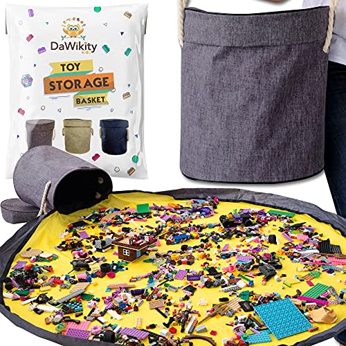 Toy Storage Basket and Play Mat for Building Bricks - Collapsible Canvas Organizer Bag with Drawstring - For Kids