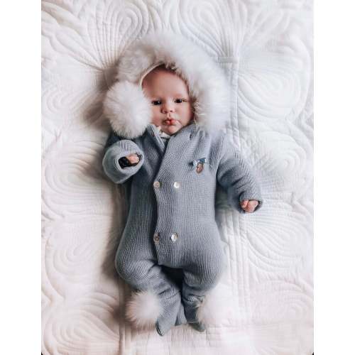 MI LOVES SIGNATURE Fox fur trim/pompoms Baby Pramsuit(ALL COLOURS)