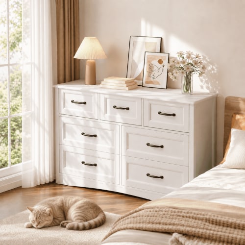 7 Drawers Dresser for Bedroom, Aiho 47" Modern Wooden Storage Chest with 4 Large & 3 Small Drawers, Metal Pull Handles and Anti-Tip Safety Design for Living Room Entryway Hallway