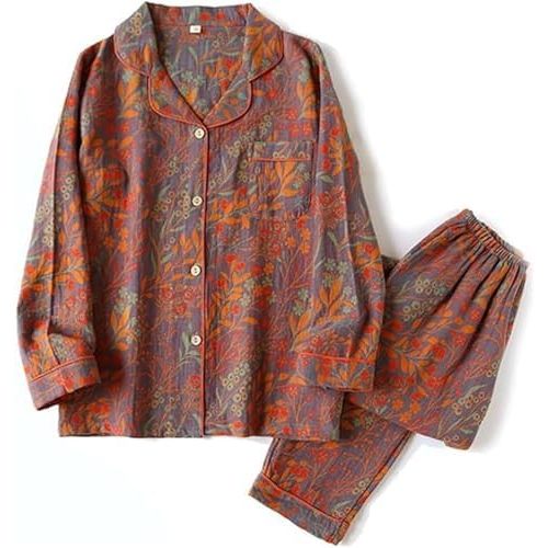 Vintage Leaf Cotton Lapel Loungewear Set, Ginkgo Leaf Button Colorful Floral Pure Pajama, Women's Pajama Two Piece Set