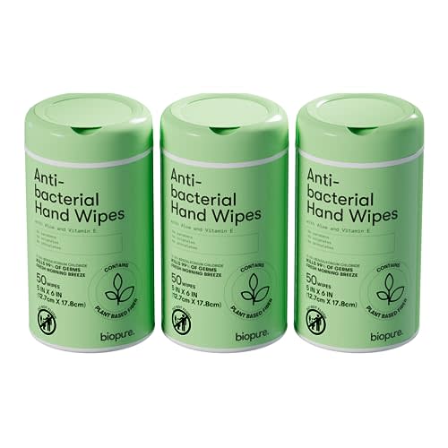 Biopure Antibacterial Hand Wipes Fresh Morning Breeze- Antibacterial Wipes with Aloe and Vitamin E Formula | 5"x7" Wet Wipes Canister | No Parabens, Sulfates or Phthalates, Kills 99% of Germs, 150 ct