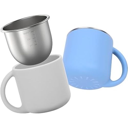 2-IN-1 Open Toddler Cups, Stainless Steel Baby Cup + Silicone Training Cup for Toddlers Kids Babys, No Plastic | No Soap Smell | Shock-Proof Feeding Essentials, 2-Pack Blue/Gray