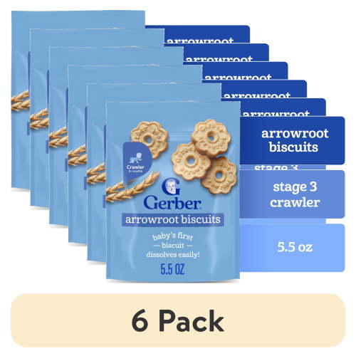 (6 pack) Gerber Stage 3 Baby Snacks Arrowroot Cookie Biscuits, 5.5 oz Bag