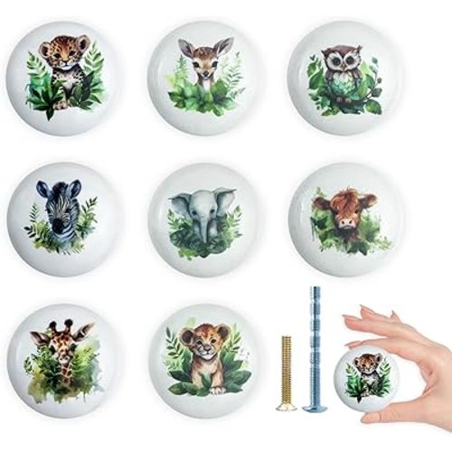 1.5" 8 PCS Cute Jungle Animals Ceramics Cabinet Handles Safari Owl Tiger Giraffe Kid Nursery Room Wardrobe Dresser Drawer Knobs Pulls