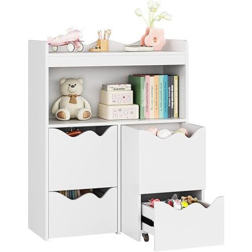 23.8”W Toy Storage Organizer, Bookcase with 1 Display Shelf & Open Cube & 2 Movable Cabinets & 2 Drawers, Bookshelf with Toy Storage Cabinet for Playroom Storage(White)