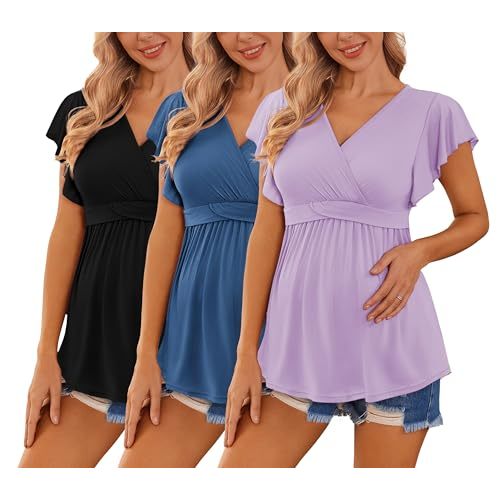 Ekouaer Maternity Shirts 3 Packs Flying Short Sleeve Nursing Tops Pregnancy Clothes