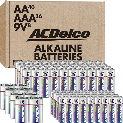 ACDelco 84-Count Alkaline Batteries, 40 Double AA, 36 Triple AAA, 8 Count of 9 Volt, Battery Combo Pack for Home and Office, Reclosable Packaging