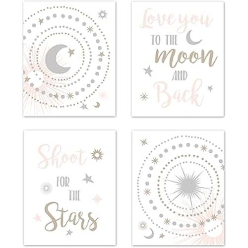 Blush Pink, Gold, Grey and White Star and Moon Wall Art Prints Room Decor for Baby, Nursery, and Kids for Celestial Collection - Set of 4 - Shoot for the Stars