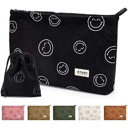 WLLWOO Makeup Bag-2pcs Smile Face Corduroy Cosmetic Bag Zipper Interior Waterproof Pencil Case Coin Purse Travel Toiletry Small Makeup Pouch For Women