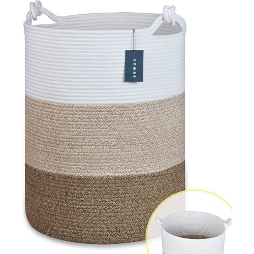 COMSE Extra Large Blanket Basket, Tall Woven Storage Basket, Nursery Hamper, 15.7”x 21.7”, Cotton Rope Laundry Hamper for Toys Clothes Towels, White/Gradient Brown