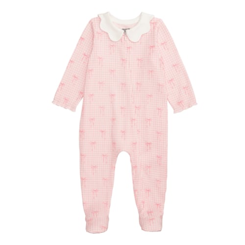 Bows Pink Scallop Sleeper - Cotton Blend Footed Sleeper 0-3M | Mud Pie