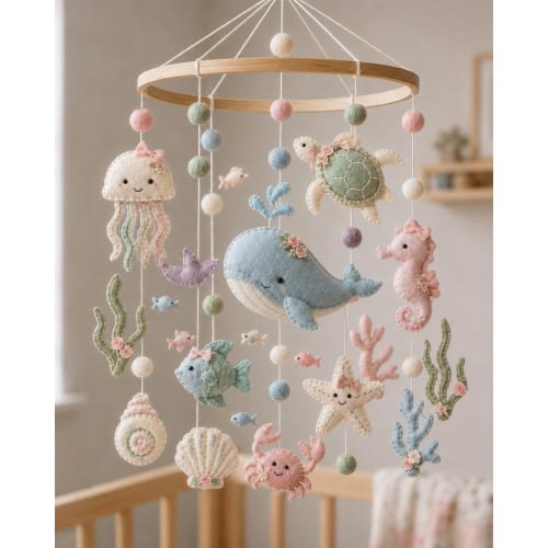 Ocean Baby Mobile for Girl, Handmade Felt Sea Animals Crib Mobile, Whale Nursery Decor, Under The Sea Baby Mobile