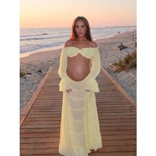 Momyknows Yellow Off Shoulder Ruffle Crop Big Swing Two Piece Set Maternity Maxi Dress